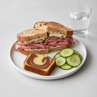 Roast Beef Sandwich, Cucumber Salad, Poundcake, Water Roast Beef Sandwich, Cucumber Salad, Poundcake, Water