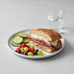 Roast Beef Sandwich, Cucumber Salad, Fruit, Water Roast Beef Sandwich, Cucumber Salad, Fruit, Water