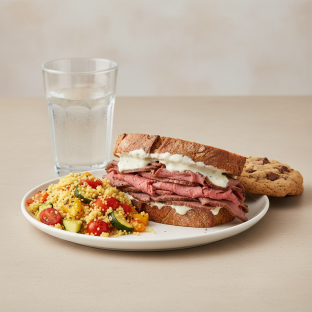 Roast Beef Sandwich, Couscous, Cookie, Water Roast Beef Sandwich, Couscous, Cookie, Water