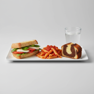 Mozzarella, Tomato and Basil Sandwich, Tomato Basil Penne, Poundcake, Water Mozzarella, Tomato and Basil Sandwich, Tomato Basil Penne, Poundcake, Water