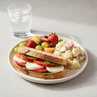 Mozzarella, Tomato and Basil Sandwich, Potato Salad, Fruit, Water Mozzarella, Tomato and Basil Sandwich, Potato Salad, Fruit, Water