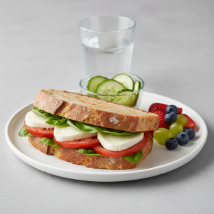 Mozzarella, Tomato and Basil Sandwich, Cucumber Salad, Fruit, Water Mozzarella, Tomato and Basil Sandwich, Cucumber Salad, Fruit, Water