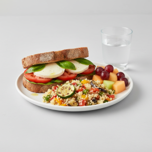 Mozzarella, Tomato and Basil Sandwich, Couscous, Fruit, Water Mozzarella, Tomato and Basil Sandwich, Couscous, Fruit, Water