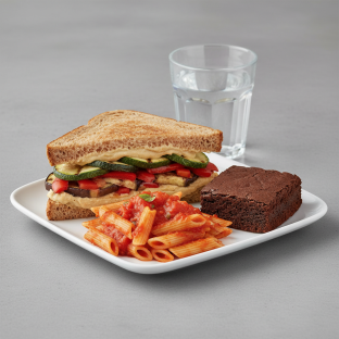 Grilled Vegetable and Hummus Sandwich, Tomato Basil Penne, Eli's Brownie, Water Grilled Vegetable and Hummus Sandwich, Tomato Basil Penne, Eli's Brownie, Water