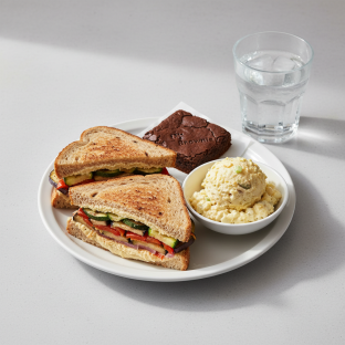 Grilled Vegetable and Hummus Sandwich, Potato Salad, Eli's Brownie, Water Grilled Vegetable and Hummus Sandwich, Potato Salad, Eli's Brownie, Water