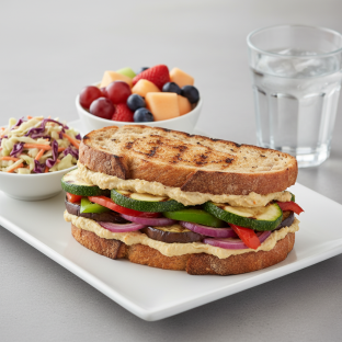 Grilled Vegetable and Hummus Sandwich, Coleslaw, Fruit, Water Grilled Vegetable and Hummus Sandwich, Coleslaw, Fruit, Water