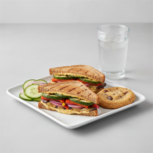 Grilled Vegetable and Hummus Sandwich, Cucumber Salad, Cookie, Water Grilled Vegetable and Hummus Sandwich, Cucumber Salad, Cookie, Water