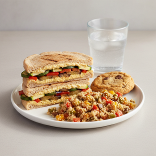 Grilled Vegetable and Hummus Sandwich, Couscous, Cookie, Water Grilled Vegetable and Hummus Sandwich, Couscous, Cookie, Water