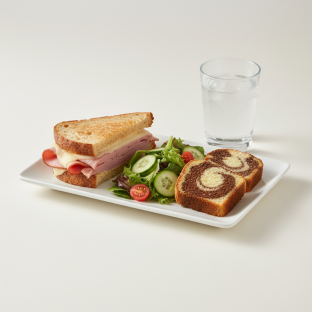 Ham and Cheese Sandwich, House Salad, Poundcake, Water Ham and Cheese Sandwich, House Salad, Poundcake, Water