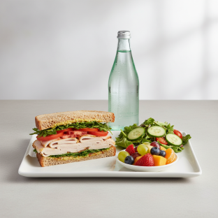 Turkey Sandwich with House Salad, Fruit, Sparkling Water Turkey Sandwich with House Salad, Fruit, Sparkling Water