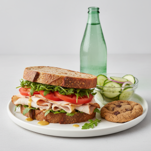 Turkey Sandwich with Cucumber Salad, Cookie, Sparkling Water Turkey Sandwich with Cucumber Salad, Cookie, Sparkling Water