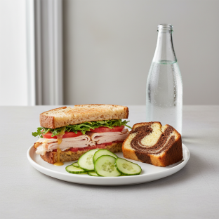 Turkey Sandwich with Cucumber Salad, Poundcake, Sparkling Water Turkey Sandwich with Cucumber Salad, Poundcake, Sparkling Water