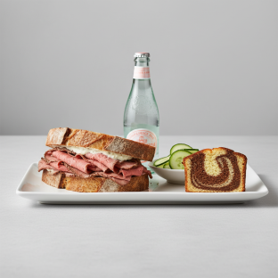 Roast Beef Sandwich, Cucumber Salad, Poundcake, Sparkling Water Roast Beef Sandwich, Cucumber Salad, Poundcake, Sparkling Water
