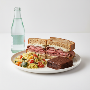Roast Beef Sandwich, Couscous, Brownie, Sparkling Water Roast Beef Sandwich, Couscous, Brownie, Sparkling Water