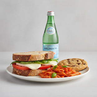 Mozzarella, Tomato, Basil Sandwich, Tomato Basil Penne, Cookie, Sparkling Water Mozzarella, Tomato, Basil Sandwich, Tomato Basil Penne, Cookie, Sparkling Water