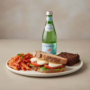 Mozzarella, Tomato, Basil Sandwich, Tomato Basil Penne, Brownie, Sparkling Water Mozzarella, Tomato, Basil Sandwich, Tomato Basil Penne, Brownie, Sparkling Water