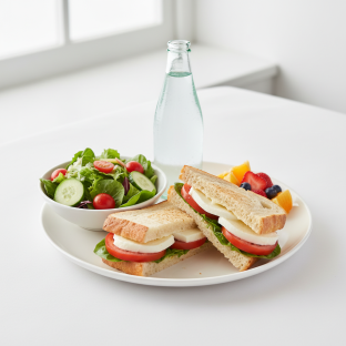 Mozzarella, Tomato and Basil Sandwich, House Salad, Fruit, Sparkling Water Mozzarella, Tomato and Basil Sandwich, House Salad, Fruit, Sparkling Water