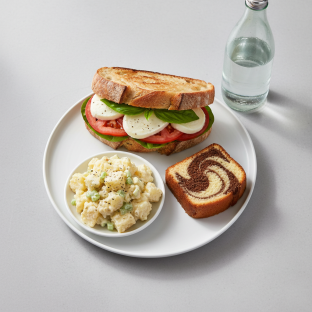 Mozzarella, Tomato and Basil Sandwich, Potato Salad, Poundcake, Sparkling Water Mozzarella, Tomato and Basil Sandwich, Potato Salad, Poundcake, Sparkling Water