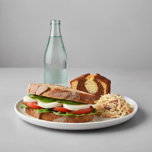 Mozzarella, Tomato and Basil Sandwich, Coleslaw, Poundcake, Sparkling Water Mozzarella, Tomato and Basil Sandwich, Coleslaw, Poundcake, Sparkling Water