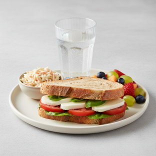 Mozzarella, Tomato and Basil Sandwich, Coleslaw, Fruit, Sparkling Water Mozzarella, Tomato and Basil Sandwich, Coleslaw, Fruit, Sparkling Water
