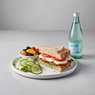 Mozzarella, Tomato and Basil Sandwich, Cucumber Salad, Fruit, Sparkling Water Mozzarella, Tomato and Basil Sandwich, Cucumber Salad, Fruit, Sparkling Water