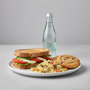 Mozzarella, Tomato and Basil Sandwich, Couscous, Cookie, Sparkling Water Mozzarella, Tomato and Basil Sandwich, Couscous, Cookie, Sparkling Water