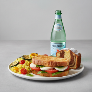 Mozzarella, Tomato and Basil Sandwich, Couscous, Poundcake, Sparkling Water Mozzarella, Tomato and Basil Sandwich, Couscous, Poundcake, Sparkling Water