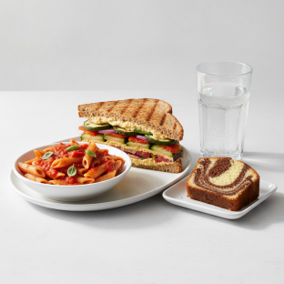 Grilled Vegetable Sandwich, Tomato Basil Penne, Poundcake, Sparkling Water Grilled Vegetable Sandwich, Tomato Basil Penne, Poundcake, Sparkling Water