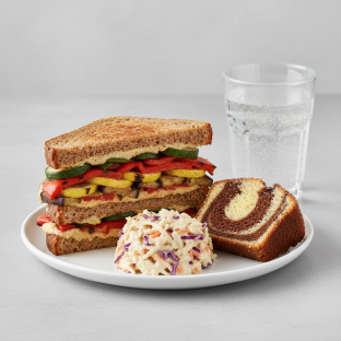 Grilled Vegetable Sandwich, Coleslaw, Poundcake, Sparkling Water Grilled Vegetable Sandwich, Coleslaw, Poundcake, Sparkling Water