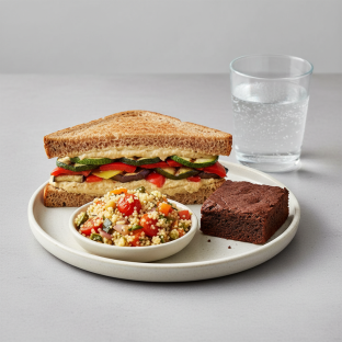 Grilled Vegetable and Hummus Sandwich, Couscous, Brownie, Sparkling Water Grilled Vegetable and Hummus Sandwich, Couscous, Brownie, Sparkling Water