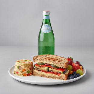 Grilled Vegetable and Hummus Sandwich, Couscous, Fruit, Sparkling Water Grilled Vegetable and Hummus Sandwich, Couscous, Fruit, Sparkling Water