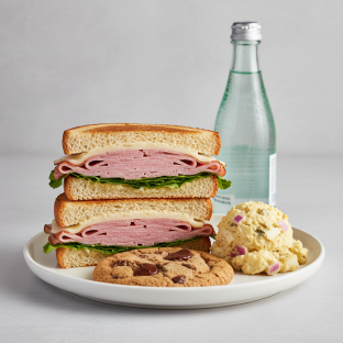 Ham and Cheese Sandwich, Potato Salad, Cookie, Sparkling Water Ham and Cheese Sandwich, Potato Salad, Cookie, Sparkling Water