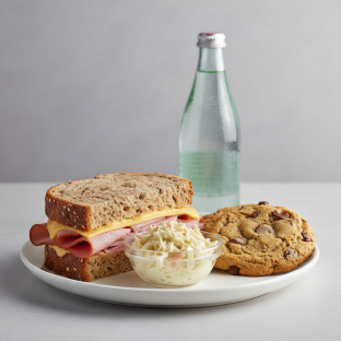 Ham and Cheese Sandwich, Coleslaw, Cookie, Sparkling Water Ham and Cheese Sandwich, Coleslaw, Cookie, Sparkling Water