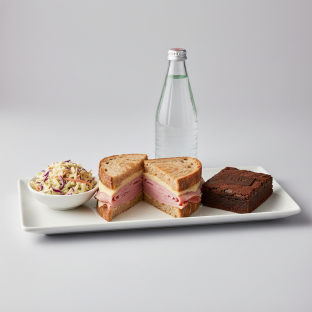 Ham and Cheese Sandwich, Coleslaw, Brownie, Sparkling Water Ham and Cheese Sandwich, Coleslaw, Brownie, Sparkling Water