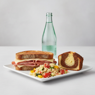 Ham and Cheese Sandwich, Couscous, Poundcake, Sparkling Water Ham and Cheese Sandwich, Couscous, Poundcake, Sparkling Water