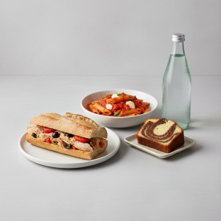 Chicken Provencal Sandwich, Tomato Penne, Poundcake, Sparkling Water Chicken Provencal Sandwich, Tomato Penne, Poundcake, Sparkling Water