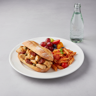 Chicken Provencal Sandwich, Tomato Penne, Fruit, Sparkling Water Chicken Provencal Sandwich, Tomato Penne, Fruit, Sparkling Water