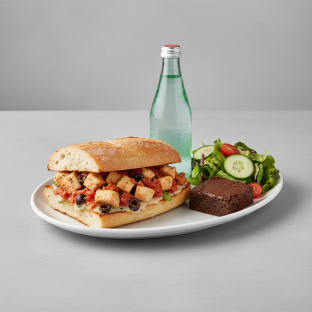 Chicken Provencal Sandwich, House Salad, Brownie, Sparkling Water Chicken Provencal Sandwich, House Salad, Brownie, Sparkling Water