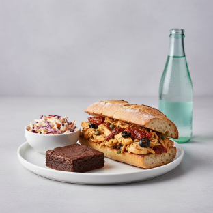 Chicken Provencal Sandwich, Coleslaw, Brownie, Sparkling Water Chicken Provencal Sandwich, Coleslaw, Brownie, Sparkling Water