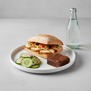 Chicken Provencal Sandwich, Cucumber Salad, Brownie, Sparkling Water Chicken Provencal Sandwich, Cucumber Salad, Brownie, Sparkling Water