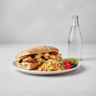 Chicken Provencal Sandwich, Couscous, Fruit, Sparkling Water Chicken Provencal Sandwich, Couscous, Fruit, Sparkling Water
