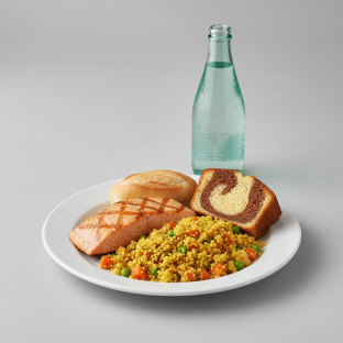 Grilled Salmon, Curried Vegetable Couscous, Poundcake, Sparkling Water Grilled Salmon, Curried Vegetable Couscous, Poundcake, Sparkling Water
