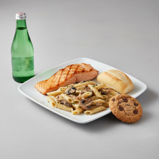 Grilled Salmon, Penne with Mushroom, Cookie, Sparkling Water Grilled Salmon, Penne with Mushroom, Cookie, Sparkling Water