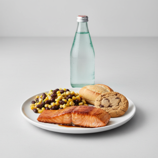 Asian Salmon, Corn and Black Bean Salad, Cookie, Sparkling Water Asian Salmon, Corn and Black Bean Salad, Cookie, Sparkling Water