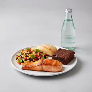 Asian Salmon, Corn and Black Bean Salad, Brownie, Sparkling Water Asian Salmon, Corn and Black Bean Salad, Brownie, Sparkling Water