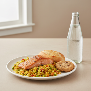 Asian Salmon, Curried Vegetable Couscous, Cookie, Sparkling Water Asian Salmon, Curried Vegetable Couscous, Cookie, Sparkling Water