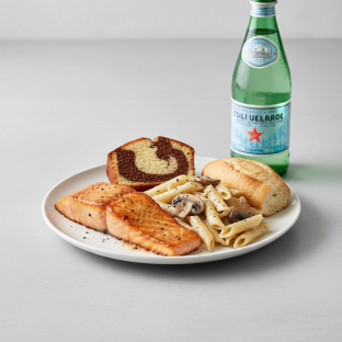 Asian Salmon, Penne with Mushroom, Poundcake, Sparkling Water Asian Salmon, Penne with Mushroom, Poundcake, Sparkling Water