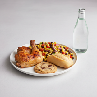 Spit-roasted Chicken, Corn and Bean Salad, Cookie, Sparkling Water Spit-roasted Chicken, Corn and Bean Salad, Cookie, Sparkling Water