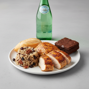 Spit-roasted Chicken, Wild Rice with Pecans, Brownie, Sparkling Water Spit-roasted Chicken, Wild Rice with Pecans, Brownie, Sparkling Water