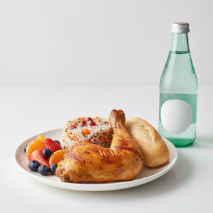 Spit-roasted Chicken, Quinoa, Fruit, Sparkling Water Spit-roasted Chicken, Quinoa, Fruit, Sparkling Water